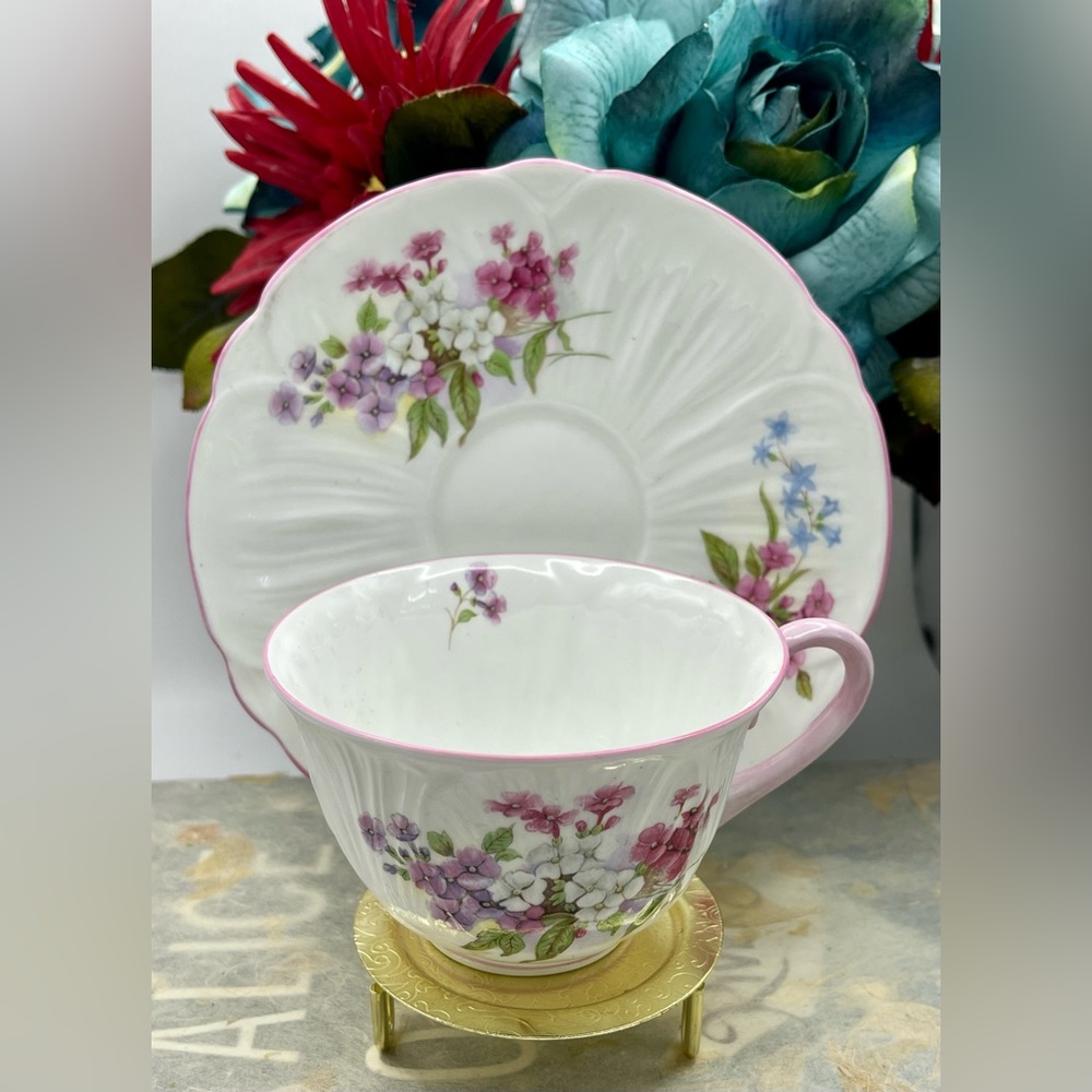 Shelley, Stocks Flower Shape Teacup & Saucer with  Pink Handle & Trim